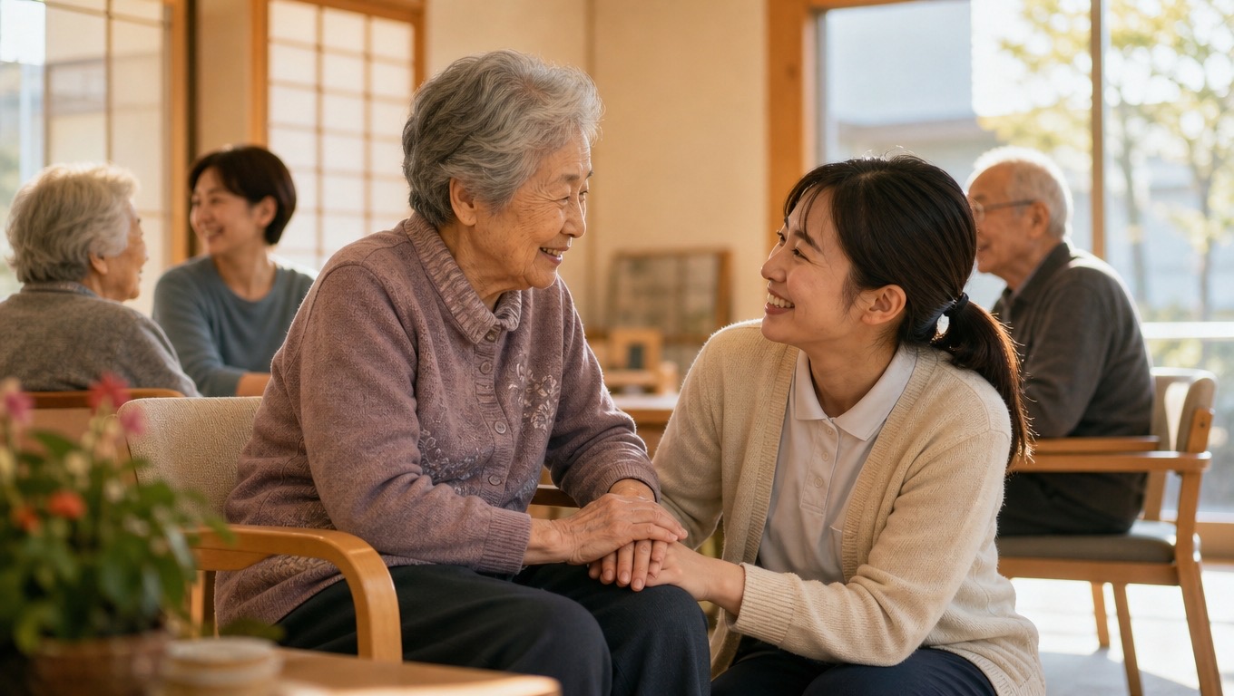 出前講座の一場面。高齢の女性と職員が向かい合って手を添えながら穏やかに会話し、周囲でも入居者や地域の方が和やかに過ごしている室内の様子