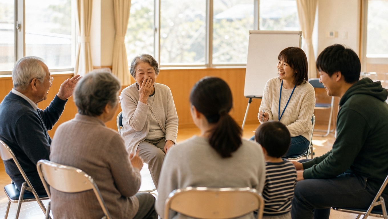 地域の集まりで多世代が輪になって座り、笑い合いながら話している明るい室内の様子